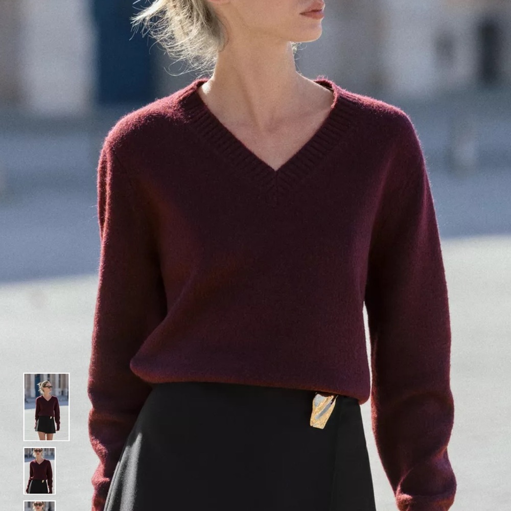 Zara Women's Deep Burgundy V-Neck Sweater
